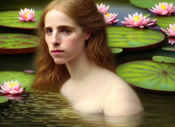 Prompt: 8K, soft light, warm volumetric lighting, highly detailed, brit marling style 3/4 ,view from above of close-up portrait photo of a beautiful woman how pre-Raphaelites painter, face is emerging of a pond with beautiful water lilies, she has a beautiful lace dress and hair are intricate with highly detailed realistic beautiful flowers , Realistic, Refined, Highly Detailed, natural outdoor soft pastel lighting colors scheme, faded colors, outdoor fine art photography, Hyper realistic, photo realistic,warm lighting,