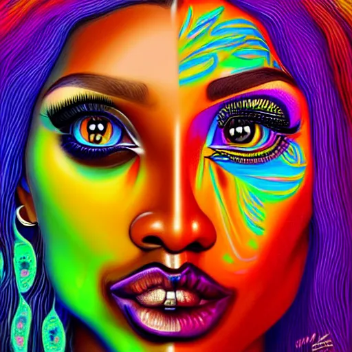 Prompt: an extremely psychedelic portrait of meg the stallion, surreal, lsd, face, detailed, intricate, elegant, lithe, highly detailed, digital painting, artstation, concept art, smooth, sharp focus, illustration