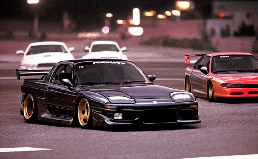 Image similar to 1996 poloid photograph of 1995 FD RX-7 racing on wangan highway noght time japan night time midnight club aesthetic Pinterest