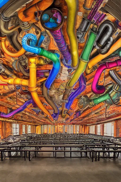 Prompt: beautiful matte colorful steampunk large room filled with steampipes and valves by alex grey