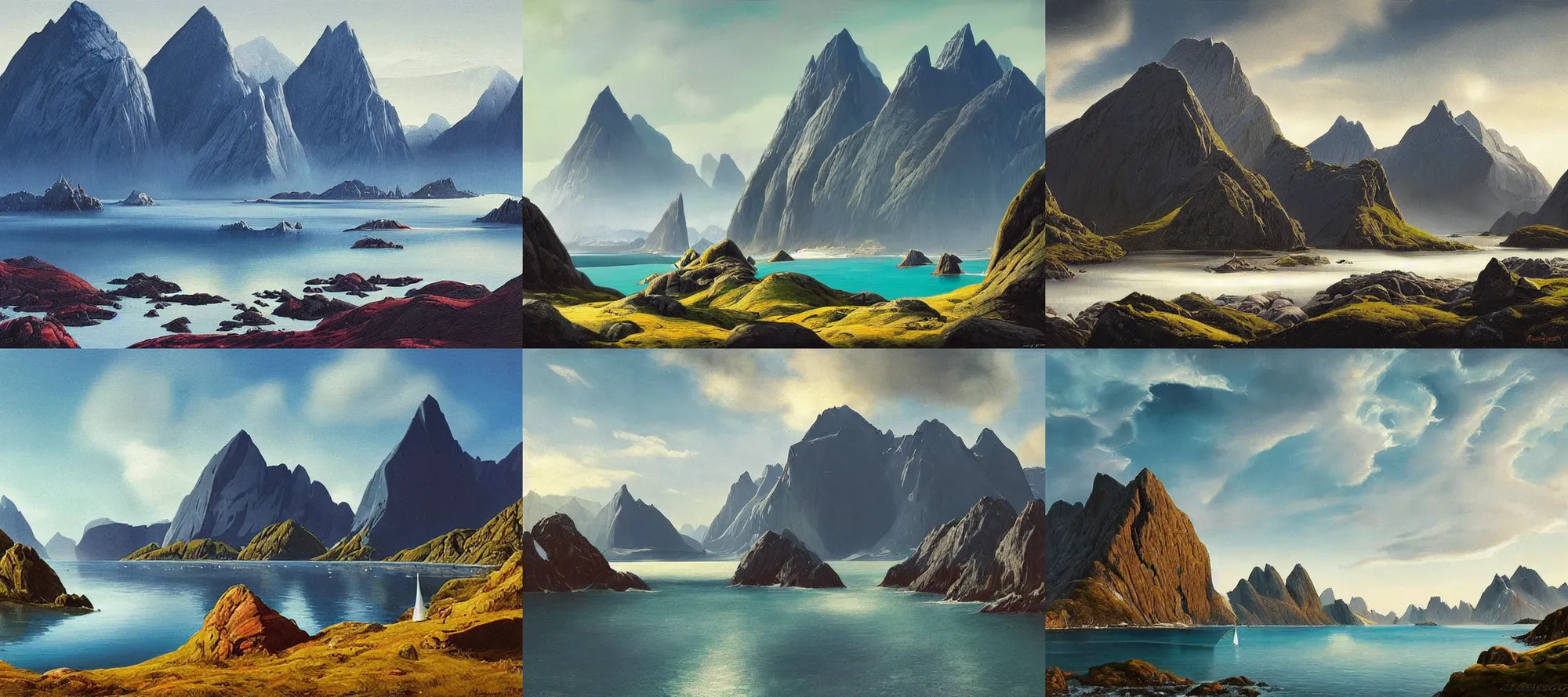 Prompt: lofoten landscape in the style of dr. seuss, starships, painting by raphael lacoste