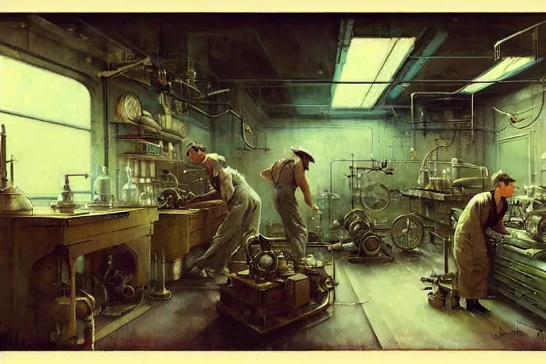 Image similar to ( ( ( ( ( 1 9 5 0 s retro science fiction mechanics shop interior scene. muted colors. ) ) ) ) ) by jean - baptiste monge!!!!!!!!!!!!!!!!!!!!!!!!!!!!!!