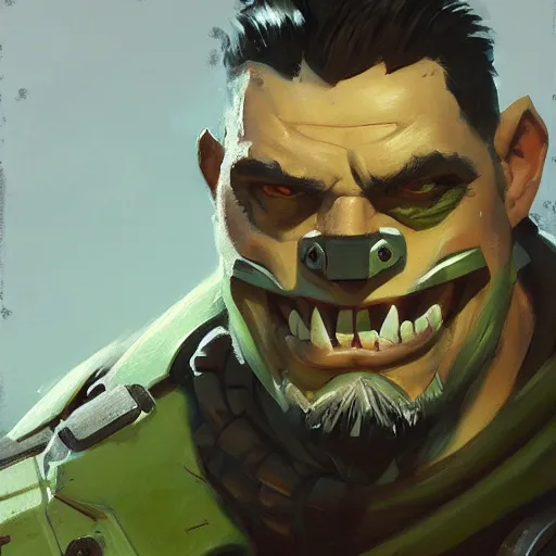 Prompt: greg manchess close - up portrait painting of a handsome older male dieselpunk orc with olive green skin as an overwatch character, medium shot, asymmetrical, profile picture, organic painting, sunny day, matte painting, bold shapes, hard edges, street art, trending on artstation, by huang guangjian and gil elvgren and sachin teng