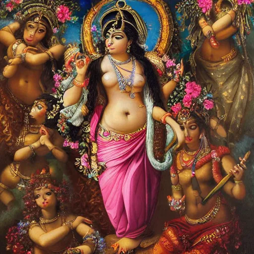 Image similar to Baroque portrait of a Indian goddess surrounded by flowers. Highly detailed, anatomically correct, dramatic lighting, fashion, oil on canvas
