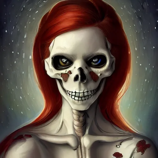 Prompt: cute & beautiful smug smiling undead skeleton girl with very attractive face and red hair dressed as a scientist, elegant, digital art, fullbody painting, fantasy, pixar style, painting, pin up, highly detailed, artstation, art by artgerm, vrubel, greg rutkowski, ilya kuvshinov, raymond swanland