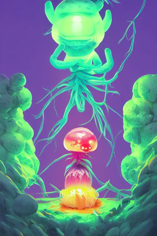 Image similar to roots cactus sushi cristal smurf ghost creature animal sushi cristal very big eye roots cactus elemental flush of force nature micro world fluo fishscale, behance hd by jesper ejsing, by rhads, makoto shinkai and lois van baarle, ilya kuvshinov, rossdraws radiating a glowing aura global illumination ray tracing hdr