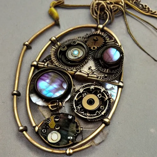 Prompt: steampunk jewelry with mother of pearl