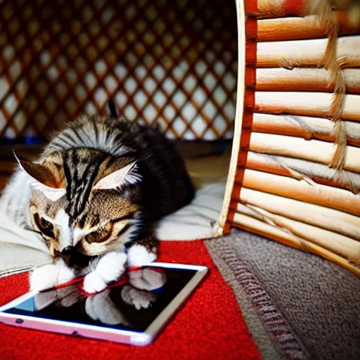 Image similar to photo of an american indian yurt of a cat playing ipad