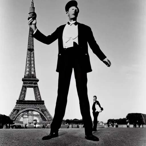 Prompt: Man in black suit standing in front of the eiffel tower over the body of a giant ant, foreground focus, black and white B&W, vintage photograph, Historical Archive