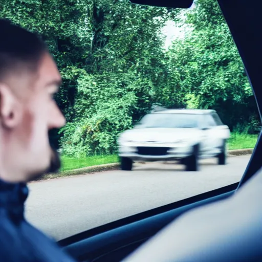 Prompt: a white dude in a car, watching someone on discord create images, 4 k, photography