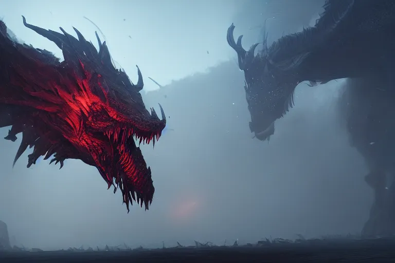 Image similar to amplified ritual engine, closeup portrait of a colossal monster dragon shrouded in fog, dramatic lighting, unreal engine, cgsociety, artstation, 4k