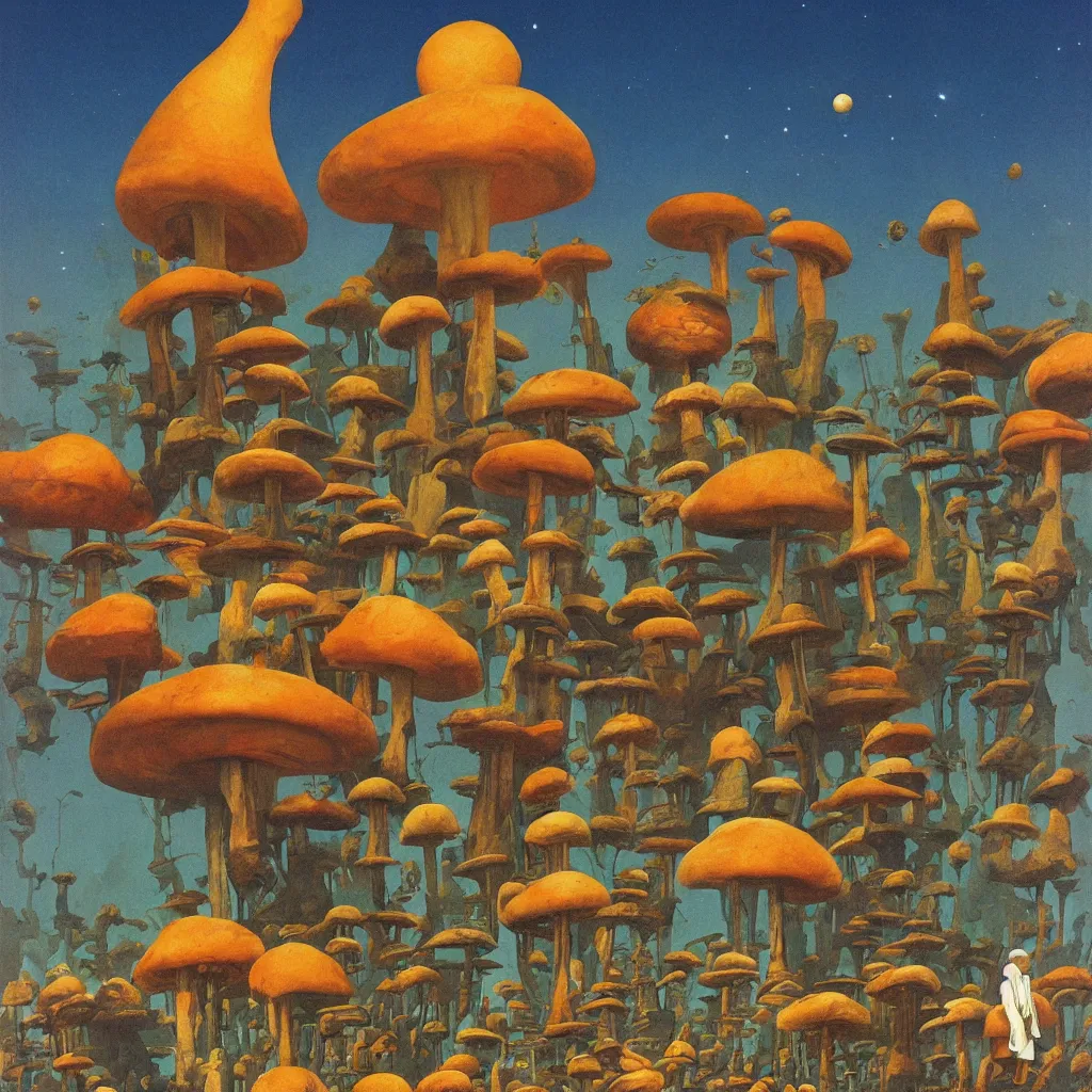 Image similar to a single! colorful!! fungus tower clear empty sky, a high contrast!! ultradetailed photorealistic painting by dean ellis, roger dean and giorgio de chirico, hard lighting, masterpiece