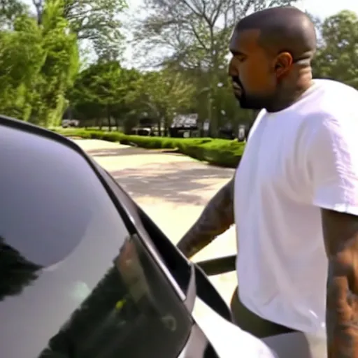 Prompt: still of kanye west doing a drive-by, victim's perspective