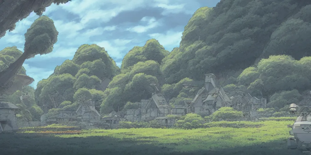 Image similar to landscape, no people, Ghibli, Anime Background, Miyazaki Hayao, concept art, illustration,smooth, sharp focus, intricate, super wide angle, trending on artstation, trending on deviantart, 4K