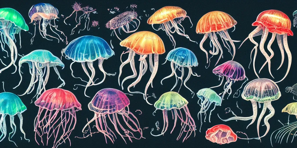 Image similar to full color page scan of various vintage jelly fish illustrations on black background, in matte painting, 2 d, kitbash, 4 k