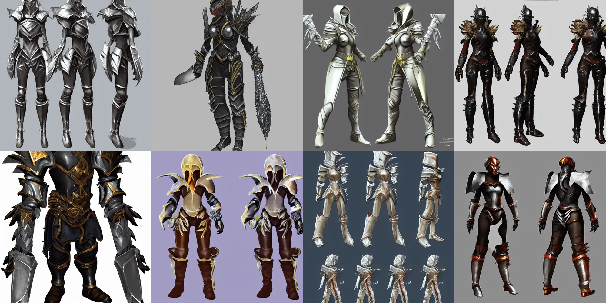 Prompt: fantasy rogue armor, all-metal, official concept art, orthographic views
