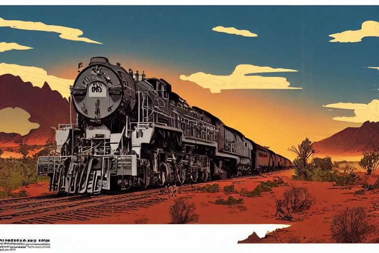 Image similar to old western freight train illustration by joe fenton and syd mead and p. craig russell and barry windsor - smith, artstation, 4 k, graphic novel, concept art, matte painting, steam engine spewing billowy white clouds of steam, beautiful idyllic mountain desert sunset background, golden hour, art nouveau