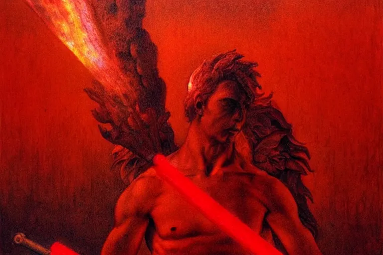 Image similar to only with red, a red melted apollo with a laurel wreath and a flaming sword announce the win, atene in the background, in the style of beksinski, part by hopper, part by rodcenko, part by hofbauer, intricate composition, red by caravaggio, insanely quality, highly detailed, masterpiece, red light, artstation