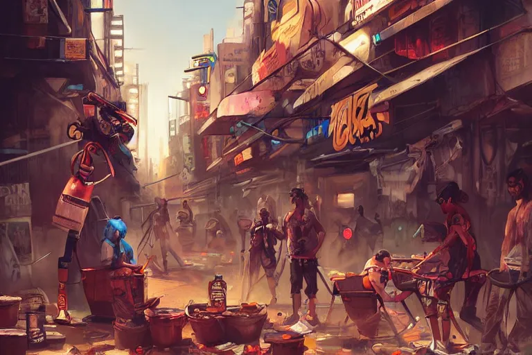 Prompt: hobos betting on robot fights in a cyberpunk ghetto, by artgerm and wlop