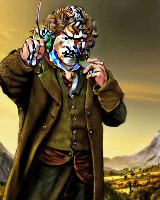 Image similar to Bilbo Baggins from Lord of the rings in GTA V loading screen, GTA V Cover art by Stephen Bliss, boxart, loading screen,