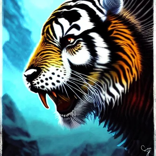 Image similar to bearded tiger/goat, by greg rutkowsky, magic the gathering, intricant, dramatic, fantasy, 4k