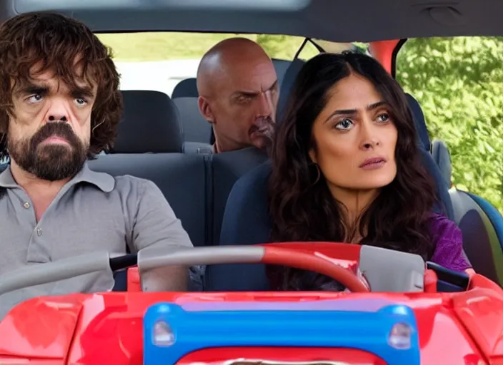 Image similar to peter dinklage and salma hayek driving a little tikes cozy coupe, movie still, from the new fast and furious, 8 k, realistic