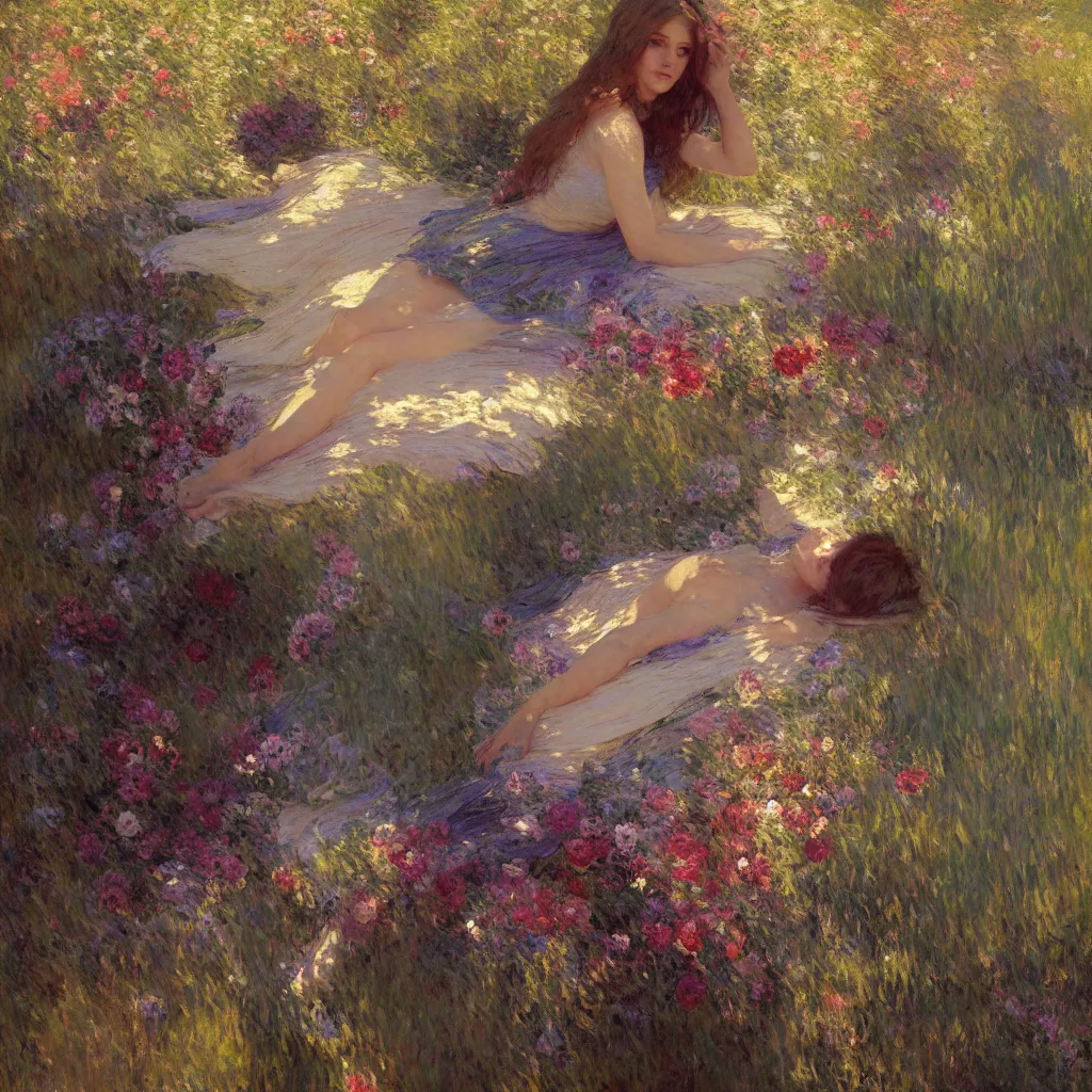 Image similar to illustration studio of a beautiful girl in an artistic pose resting in nature, monet painterly motives and textures pattern, hyper detailed, octane render, vivid colors, artstation, by jeremy mann, by alphonse mucha, by monet