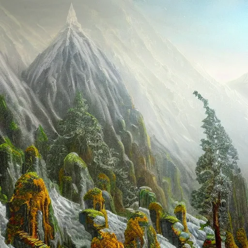 Image similar to a beautiful and highly detailed oil painting of an nepali temple in the snowy mountains, detailed trees and cliffs, forgotten valley, swirling mist, lush forests, intricate details, epic scale, insanely complex, 8 k, sharp focus, hyper realism, fantasy landscape, psychedelic, by caspar friedrich,
