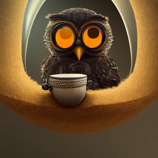 Image similar to long shot of a very cute owl chick nesting in a very futuristic cup, humorous illustration, hyperrealistic, big depth of field, warm colors, night scenery, low light, 3 d octane render, 4 k, conceptart, hyperdetailed, hyperrealistic, trending on artstation