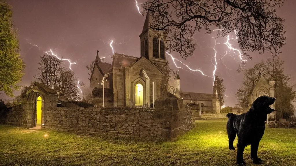 Prompt: a demon dog standing at the entrance of a church at night, lightning, old black shuck