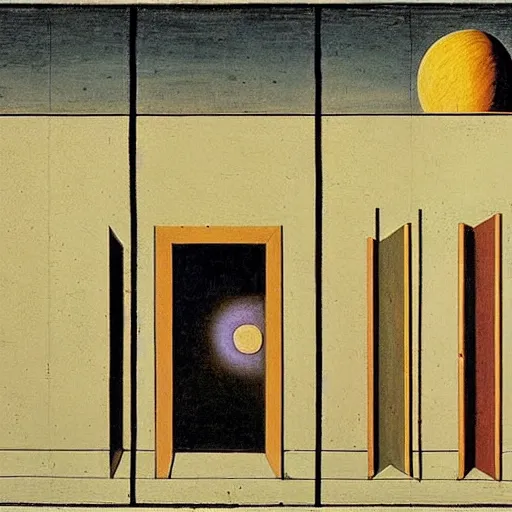 Image similar to a parade of disconnected images : obscure corners of nameless interiors, astronomical diagrams projecting the distances between celestial bodies, a painting by giorgio de chirico, a list of unpopular anagrams.