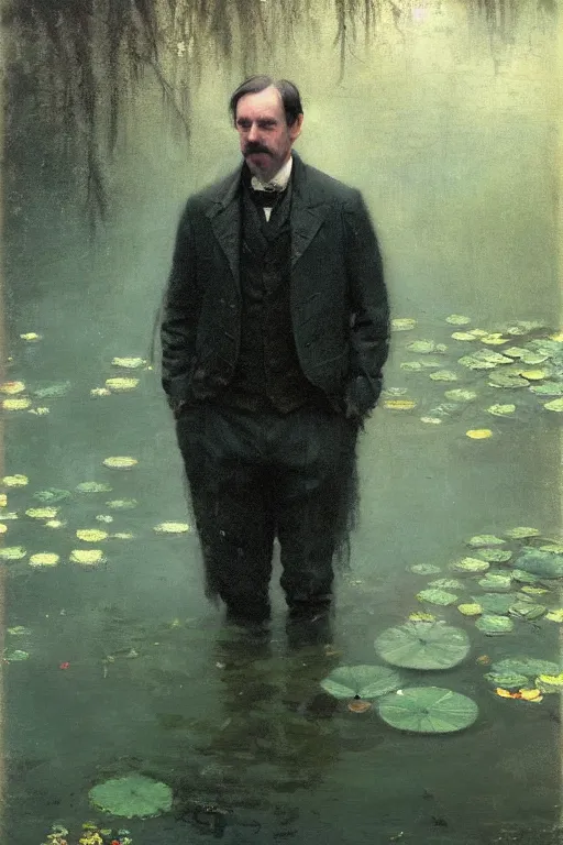 Image similar to detailed cinematic moody colors studio portrait of a victorian gentleman in a victorian pond, water lilies, high quality by jeremy mann, only one head single portrait