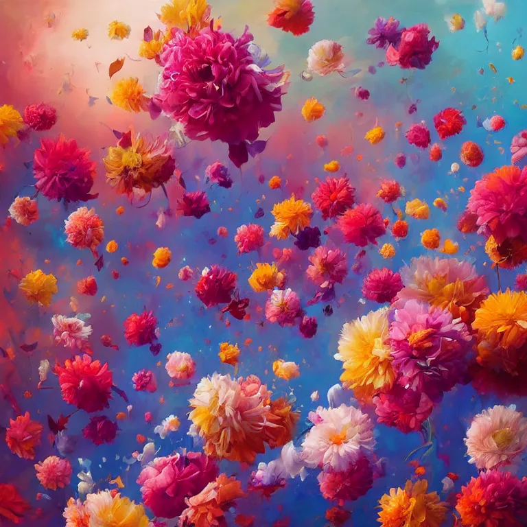 Image similar to a painting of a bunch of flowers floating in the air, a surrealist painting by rhads, james jean, alberto seveso, behance contest winner, psychedelic art, made of flowers, wallpaper, art