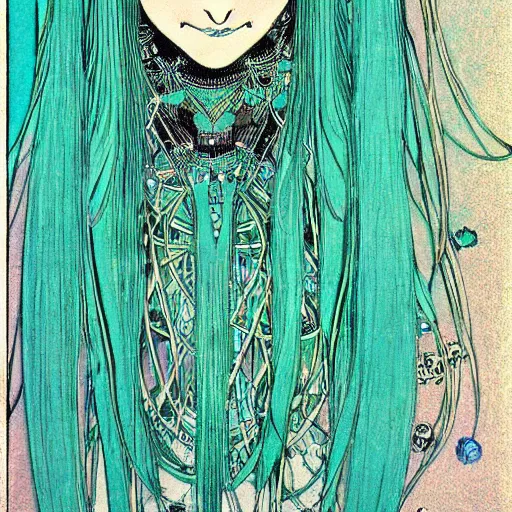 Image similar to hatsune miku, long teal hair, artwork by Harry Clarke, highly detailed