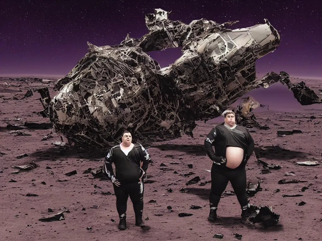 Image similar to portrait of an overweight person with emo haircut wearing gothy purple and black space spandex suits, standing next to smashed burning spacecraft wreckage, on the surface of mars, highly detailed, dramatic lighting, photorealistic, cinematic