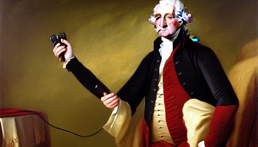 Image similar to george washington holding playstation controller! in the style of an oil painting, historical, highly detailed