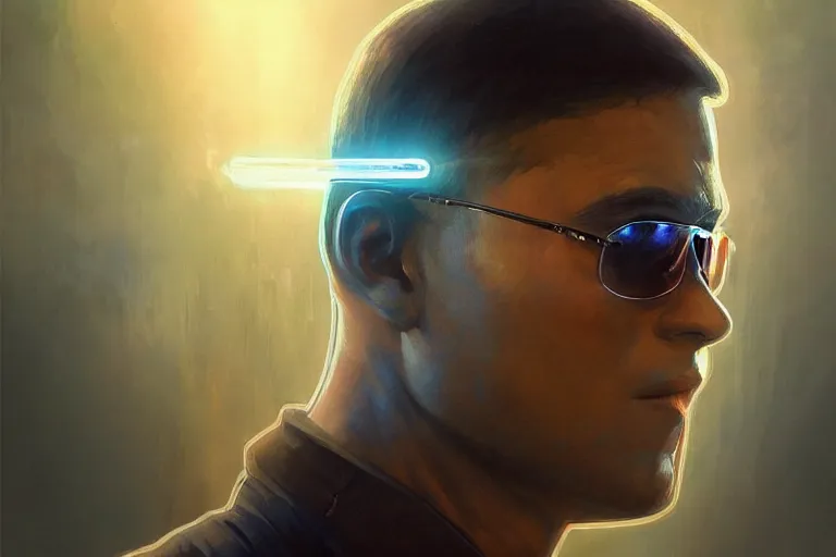 Image similar to Beautiful portrait of a translucent body glowing male police officer wearing cool shades. wide angle, magic, fire, darkness, dramatic lighting, Africa, intricate, wild, highly detailed, digital painting, artstation, concept art, smooth, sharp focus, illustration, art by artgerm and greg rutkowski and alphonse mucha, footage from space camera