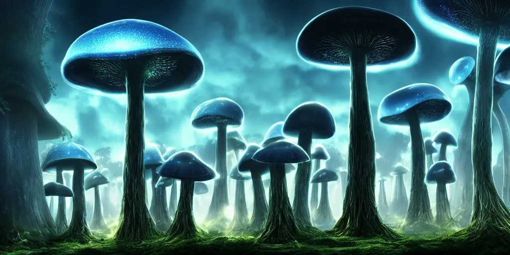 Image similar to giant glowing mushrooms towering over alien forest, at night, ray tracing, refractive, planets in the sky, award winning, trending on artstation, digital art. highly detailed 8 k. intricate. lifelike. soft light. nikon d 8 5 0.