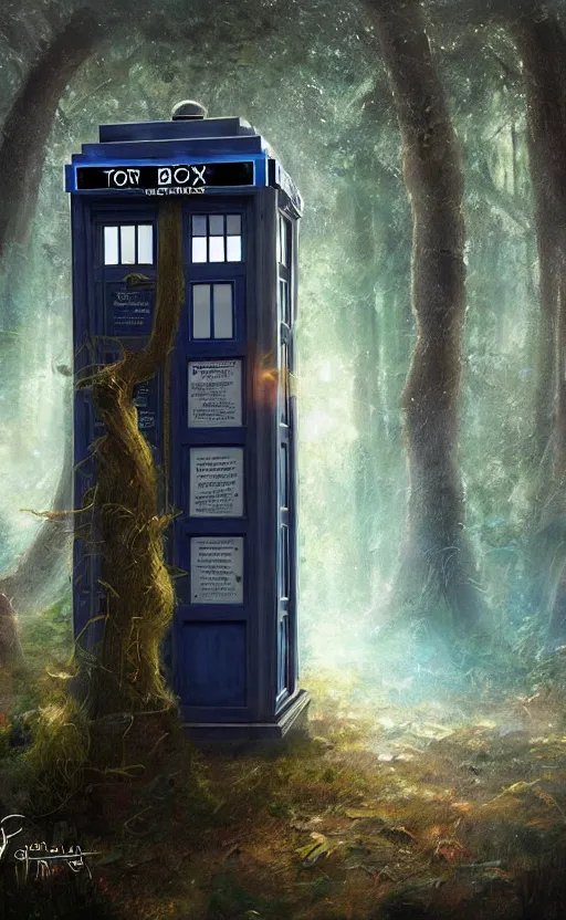 Image similar to a portrait of a tardis, in the woods, dynamic lighting, photorealistic fantasy concept art, trending on art station, stunning visuals, creative, cinematic, ultra detailed