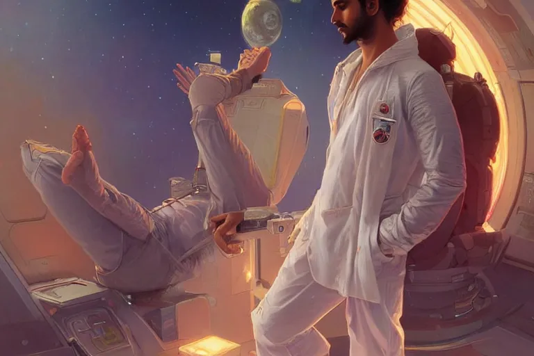 Image similar to Sensual good looking pale young Indian doctors wearing jeans in a space station above Earth, portrait, elegant, intricate, digital painting, artstation, concept art, smooth, sharp focus, illustration, art by artgerm and greg rutkowski and alphonse mucha