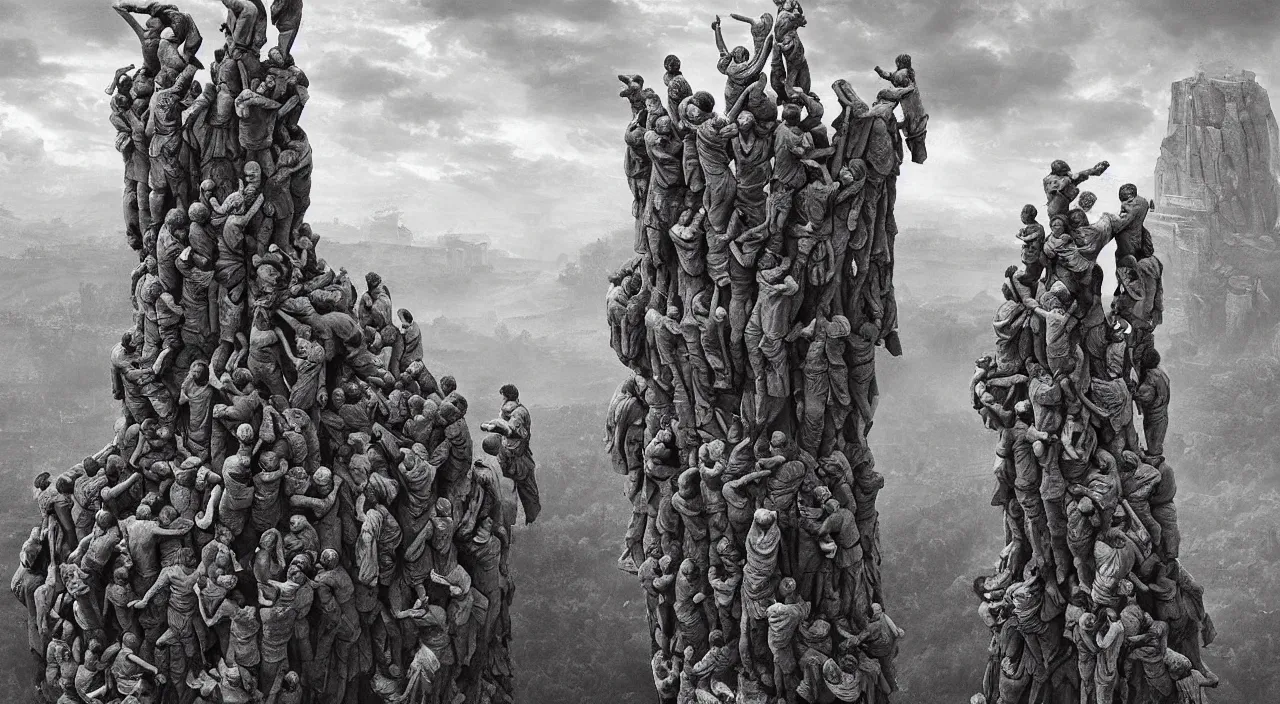 Image similar to catalan castellers human impossible big tower they are stone men like a incredible gian sculpture at the kingdom of julius caesar, roman historic works, hyper - detailed, world renowned artists, historic artworks society, antique renewal, cgsociety, by greg rutkowski, by gustave dore, by caspar david friedrich style