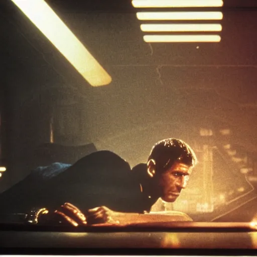 Image similar to 1 9 8 2 film stills of blade runner's deckard on his computer, upscaling a photo. his futuristic room is dark and atmospheric, touches of frank lloyd wright and syd mead,.