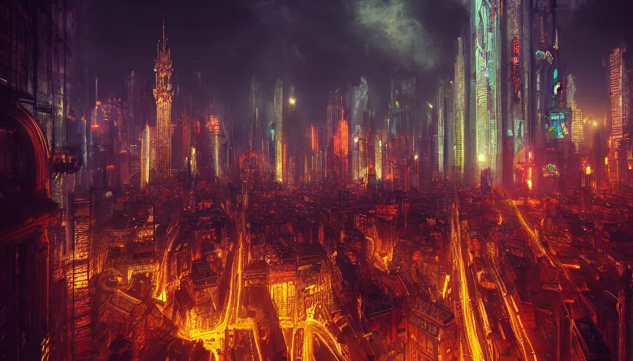 Prompt: Baroque painting of Neo-Gothic cyberpunk Moscow city, neon, wide angle, volumetric light, artistic, hyperdetailed, artstation, cgsociety, 8k