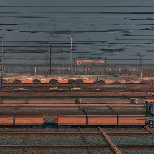 Prompt: -9 A grand train freight yard, a sci-fi digital painting by Simon Stålenhag