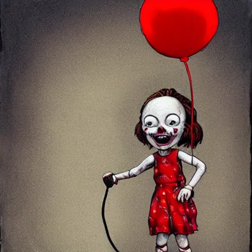 Prompt: grunge cartoon painting of a little girl playing with a jump rope with a wide smile and a red balloon by chris leib, loony toons style, pennywise style, horror theme, detailed, elegant, intricate