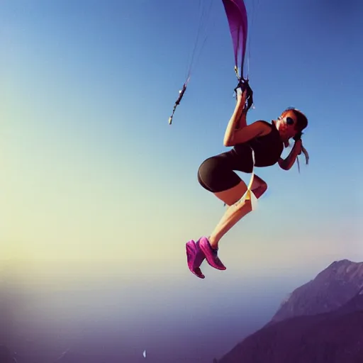 Prompt: extremely realistic photograph of a beautiful woman doing push-ups on a paraglided, 35mm photograph