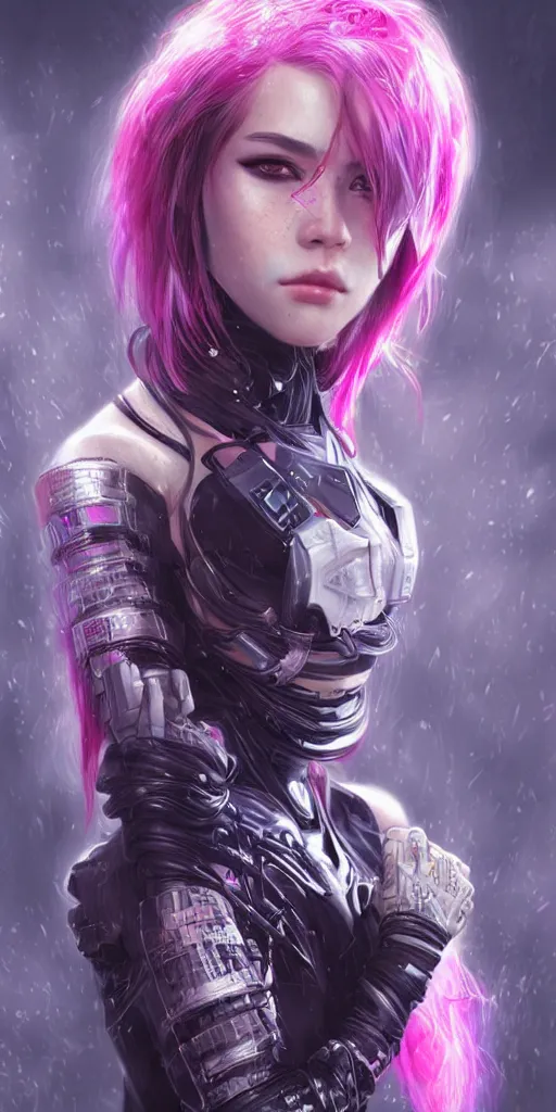 Image similar to beautiful, young cyberpunk ninja woman, extremely detailed gorgeous face, looks realistic, hyper-detailed portrait, sad eyes tears, vaporwave aesthetic, synthwave, magical, fantasy, ninchaku , artist Artgerm i and WLOP