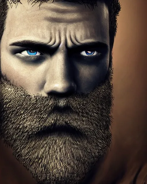 Image similar to portrait of muscular, tired and alcoholic 3 0 - year - old grieving man with short darkblonde hair, serious sad look in his eyes, looking down, dirty beard, blue eyes, crying tears, wearing dirty soldier uniform, on the desert, sad atmosphere, hyper realistic face, character art, art by artgerm, cryengine, trending on artstation, digital art