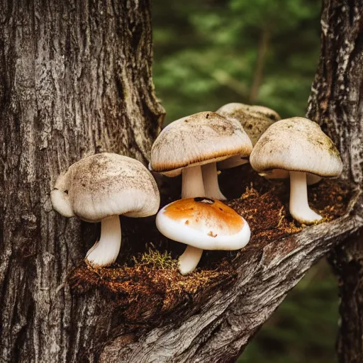 Prompt: mooshrooms growing on a dead tree in the forest, canon eos r 3, f / 1. 4, iso 2 0 0, 1 / 1 6 0 s, 8 k, raw, unedited, symmetrical balance, in - frame,
