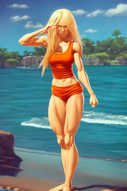 Prompt: a gorgeous muscular woman with very long hip-length blonde hair, wearing a cut-off white top and orange cut-off shorts standing by the water, in the style of artgerm and moebius and annie liebovitz, marvel comics, photorealistic, highly detailed, trending on artstation